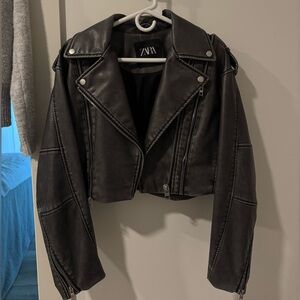 Zara Dark Gray Cropped Leather Jacket